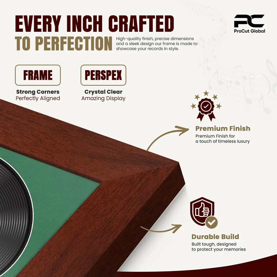 25x17" Modern Rose Wood Vinyl Record Frame For 12 Inch LP Cover & Disc (Overlapped) With Emerald (Green) Mount | Elegant Music Display thumbnail 7