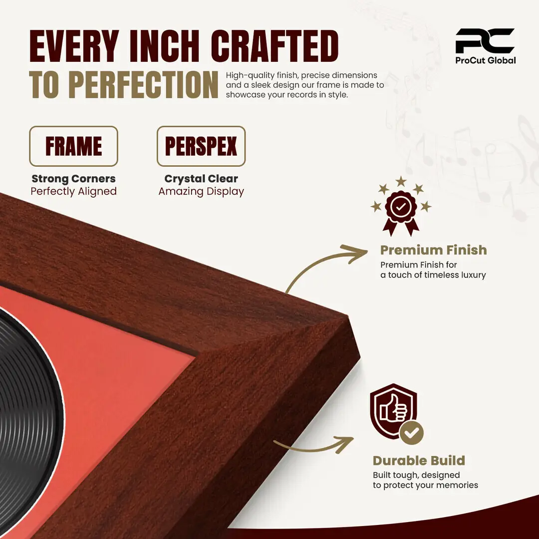 25x17" Modern Rose Wood Vinyl Record Frame For 12 Inch LP Cover & Disc (Overlapped) With Poppy Red Mount | Elegant Music Display thumbnail 7