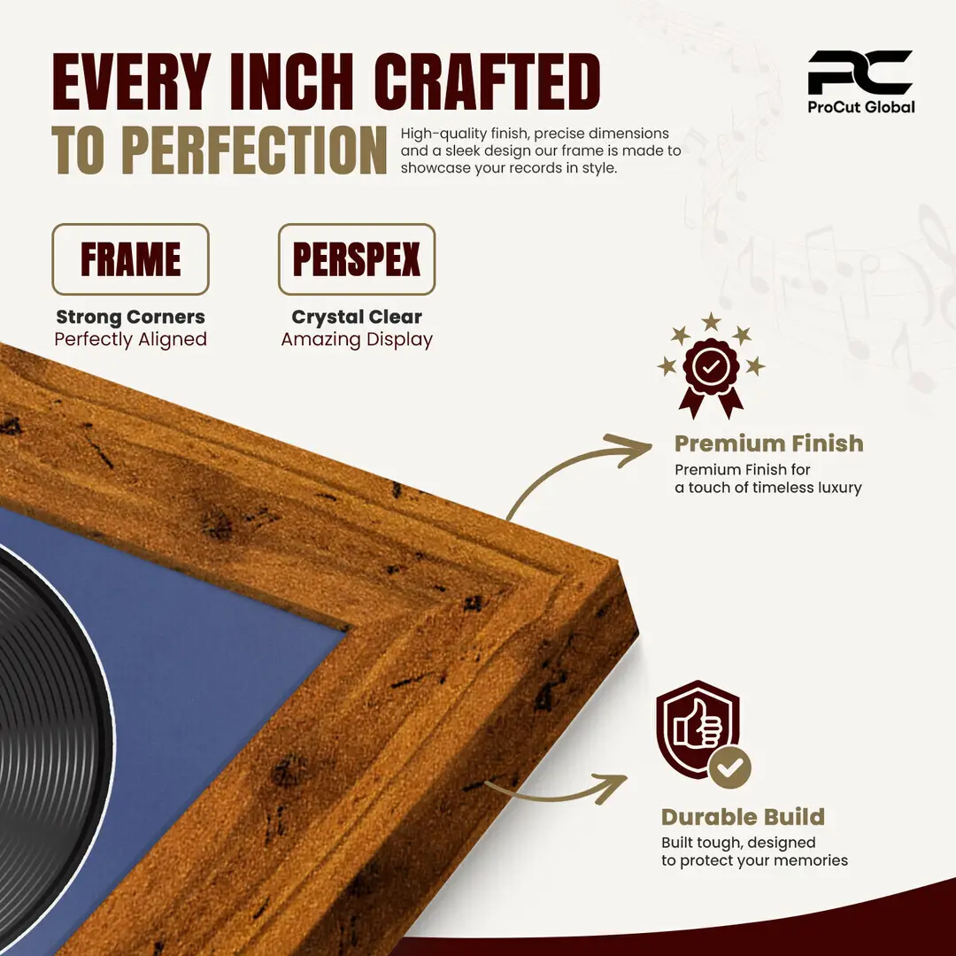 25x17" Modern Rustic Oak Vinyl Record Frame For 12 Inch LP Cover & Disc With Blue Mount | Overlapped Vinyl Display thumbnail 7