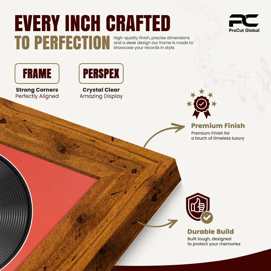 25x17" Modern Rustic Oak Vinyl Record Frame For 12 Inch LP Cover & Disc (Overlapped) With Poppy Red Mount | Elegant Music Display thumbnail 7