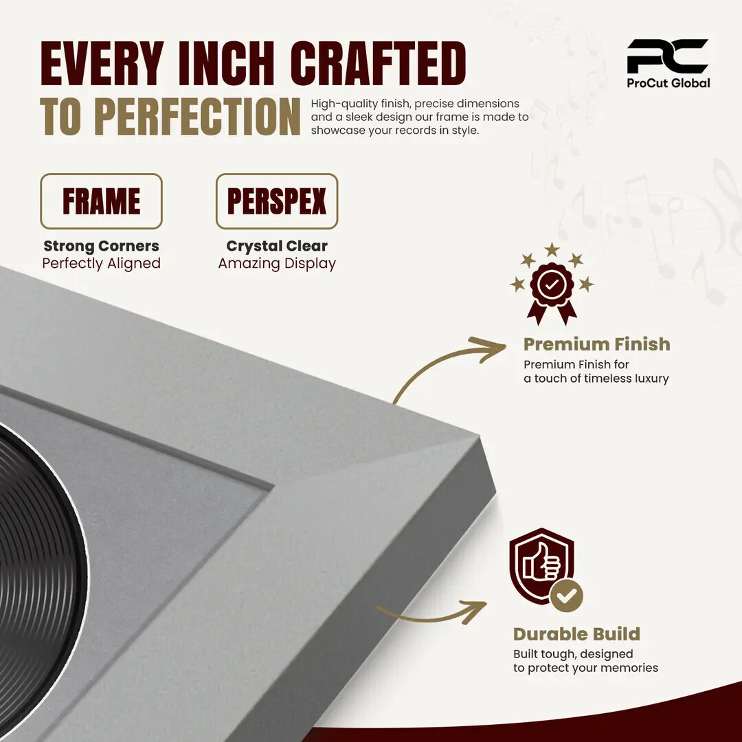 25x17" Modern Silver Vinyl Record Frame For 12 Inch LP Cover & Disc (Overlapped) With Mid Grey Mount | Elegant Music Display thumbnail 7