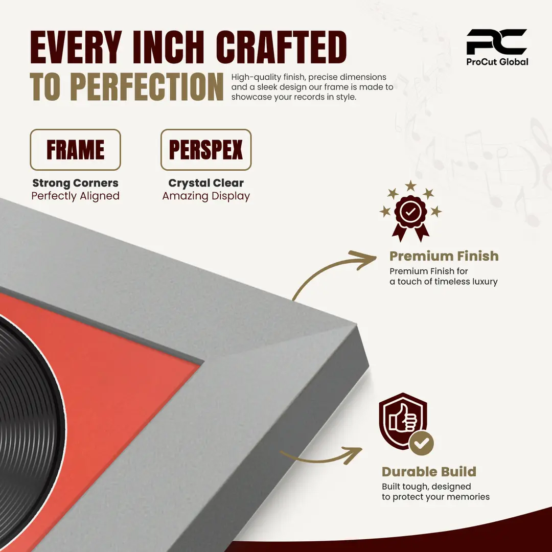 25x17" Modern Silver Vinyl Record Frame For 12 Inch LP Cover & Disc (Overlapped) With Poppy Red Mount | Elegant Music Display thumbnail 7