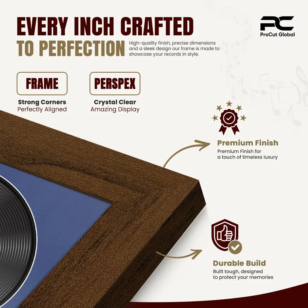 25x17" Modern Walnut Vinyl Record Frame For 12 Inch LP Cover & Disc (Overlapped) With Blue Mount | Elegant Music Display thumbnail 7