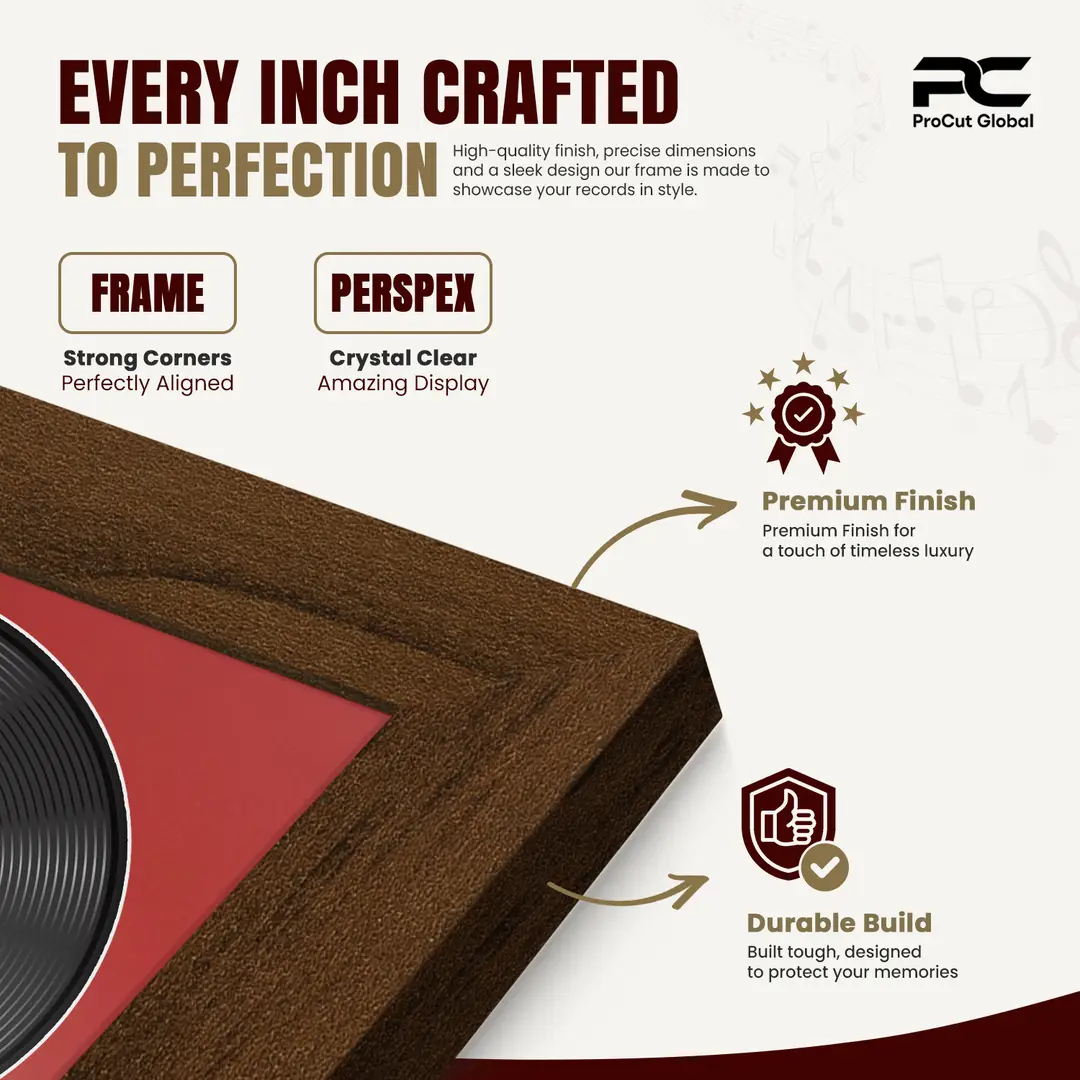 25x17" Modern Walnut Vinyl Record Frame For 12 Inch LP Cover & Disc With Crimson Mount | Overlapped Vinyl Display thumbnail 7