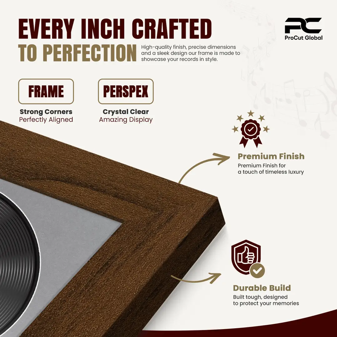 25x17" Modern Walnut Vinyl Record Frame For 12 Inch LP Cover & Disc With Mid Grey Mount | Overlapped Vinyl Display thumbnail 7