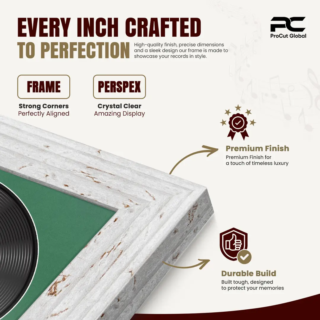 25x17" Modern White Rustic Vinyl Record Frame For 12 Inch LP Cover & Disc (Overlapped) With Emerald (Green) Mount | Elegant Music Display thumbnail 7