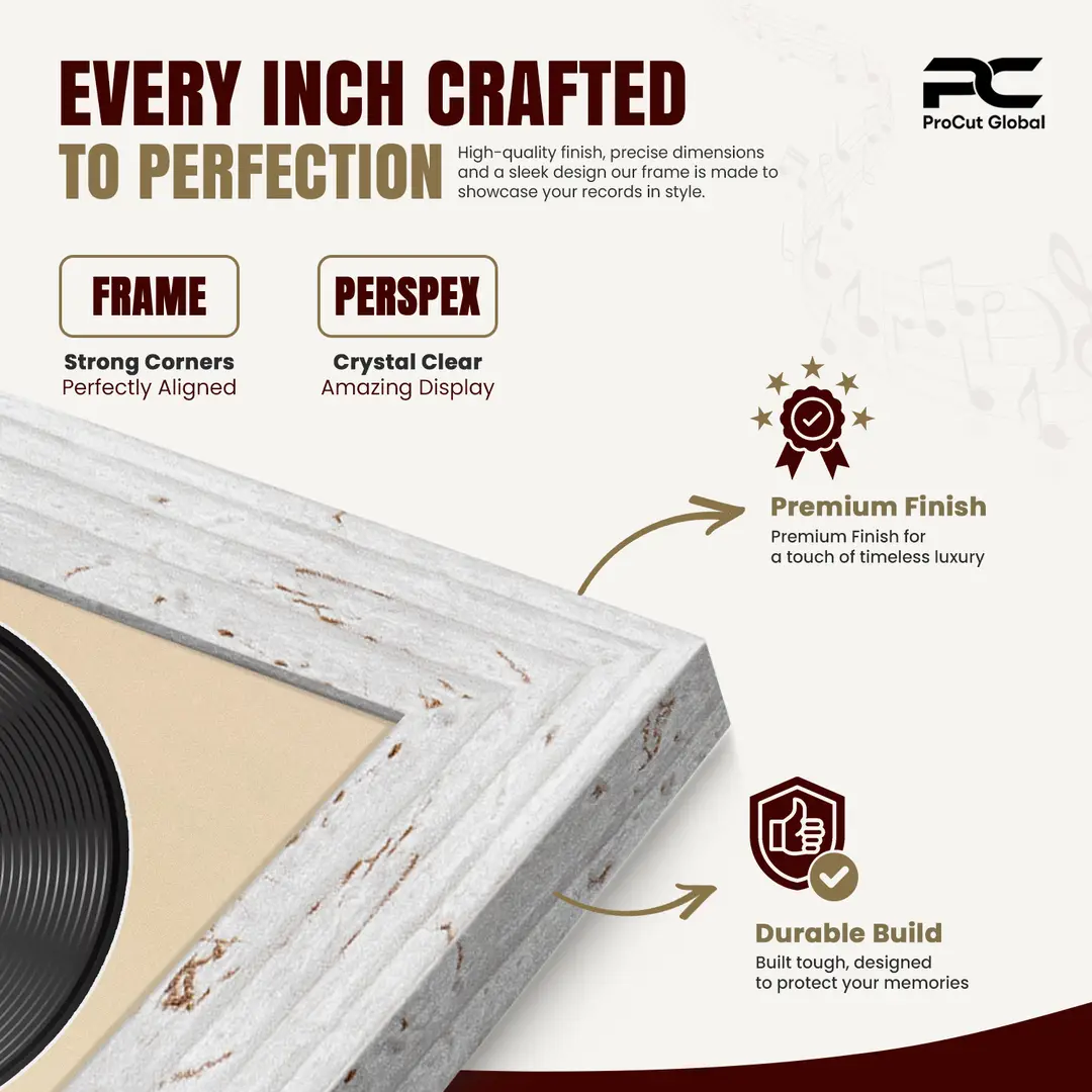 25x17" Modern White Rustic Vinyl Record Frame For 12 Inch LP Cover & Disc (Overlapped) With Ivory Mount | Elegant Music Display thumbnail 7