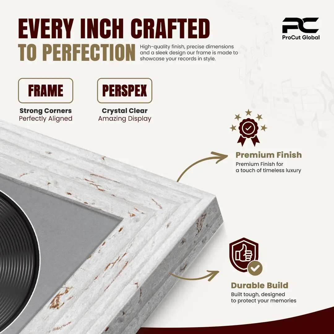 25x17" Modern White Rustic Vinyl Record Frame For 12 Inch LP Cover & Disc With Mid Grey Mount | Overlapped Vinyl Display thumbnail 7