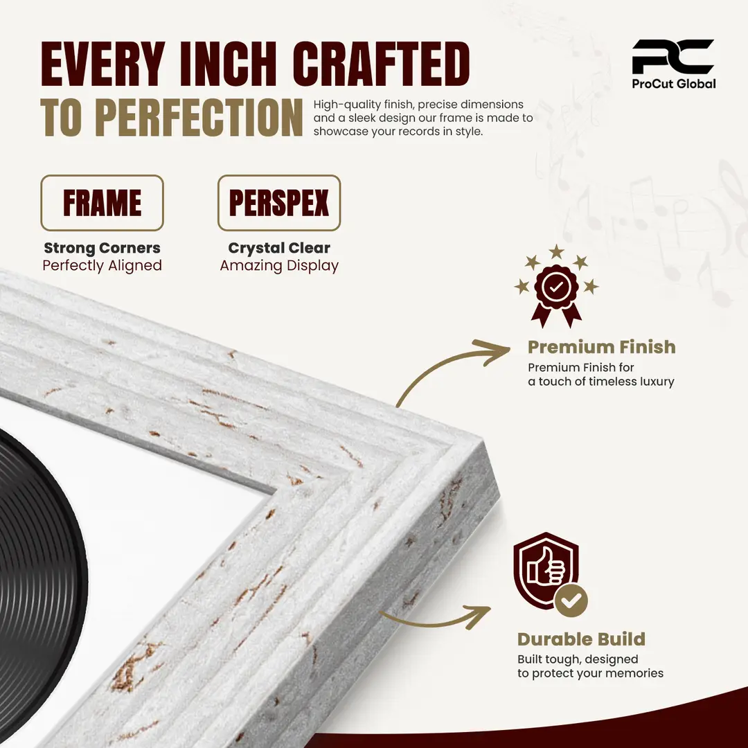 25x17" Modern White Rustic Vinyl Record Frame For 12 Inch LP Cover & Disc With Ice White Mount | Overlapped Vinyl Display thumbnail 7