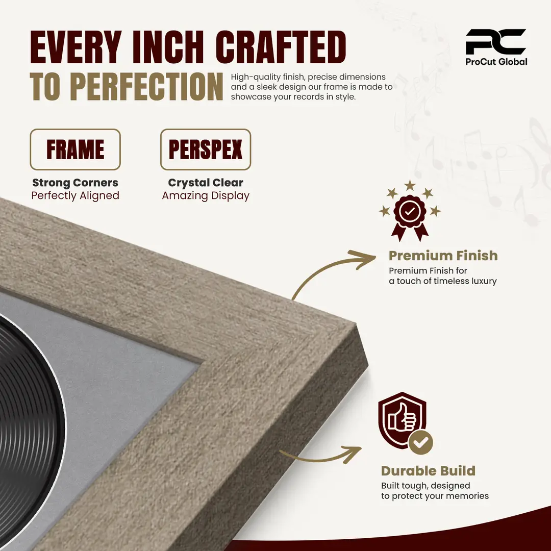 30x17" Modern Aluminium Vinyl Record Frame With Mid Grey Mount | Displays 12" LP Cover & Disc Side by Side thumbnail 7