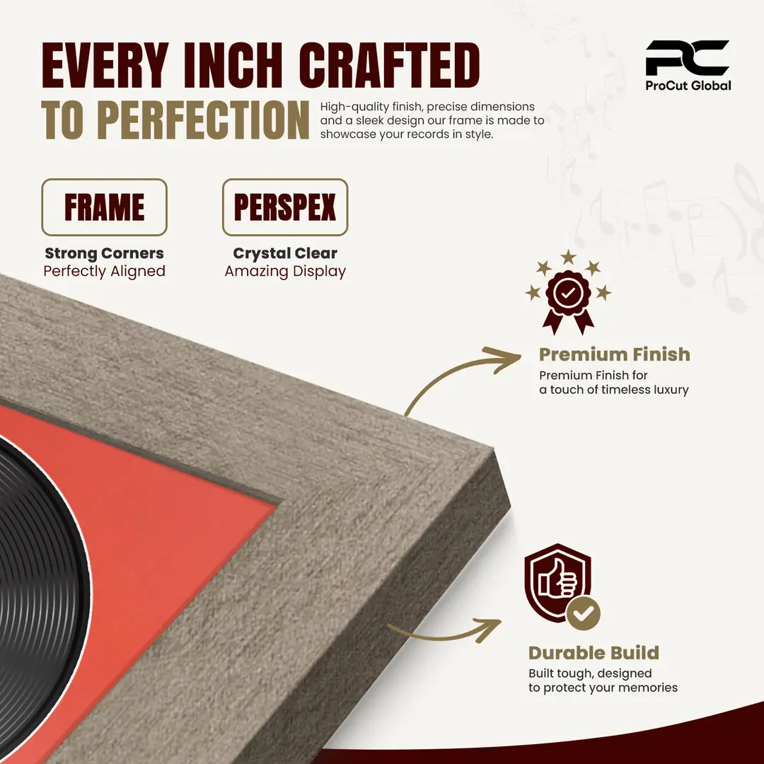 30x17" Modern Aluminium Vinyl Record Frame With Poppy Red Mount | For 12" LP Cover and Disc Side By Side Display thumbnail 7