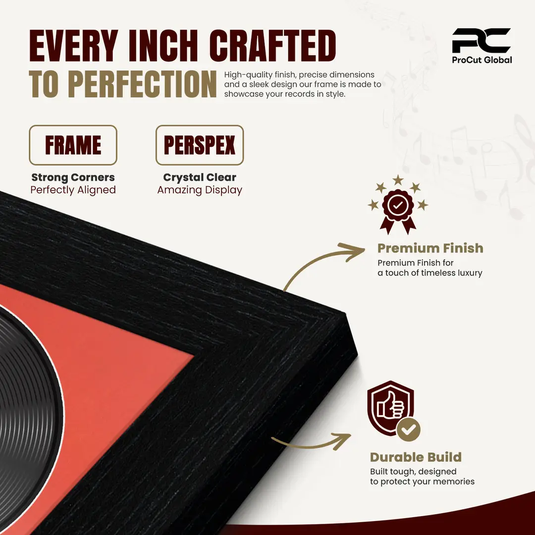 30x17" Modern Black Vinyl Record Frame With Poppy Red Mount | For 12" LP Cover and Disc Side By Side Display thumbnail 7