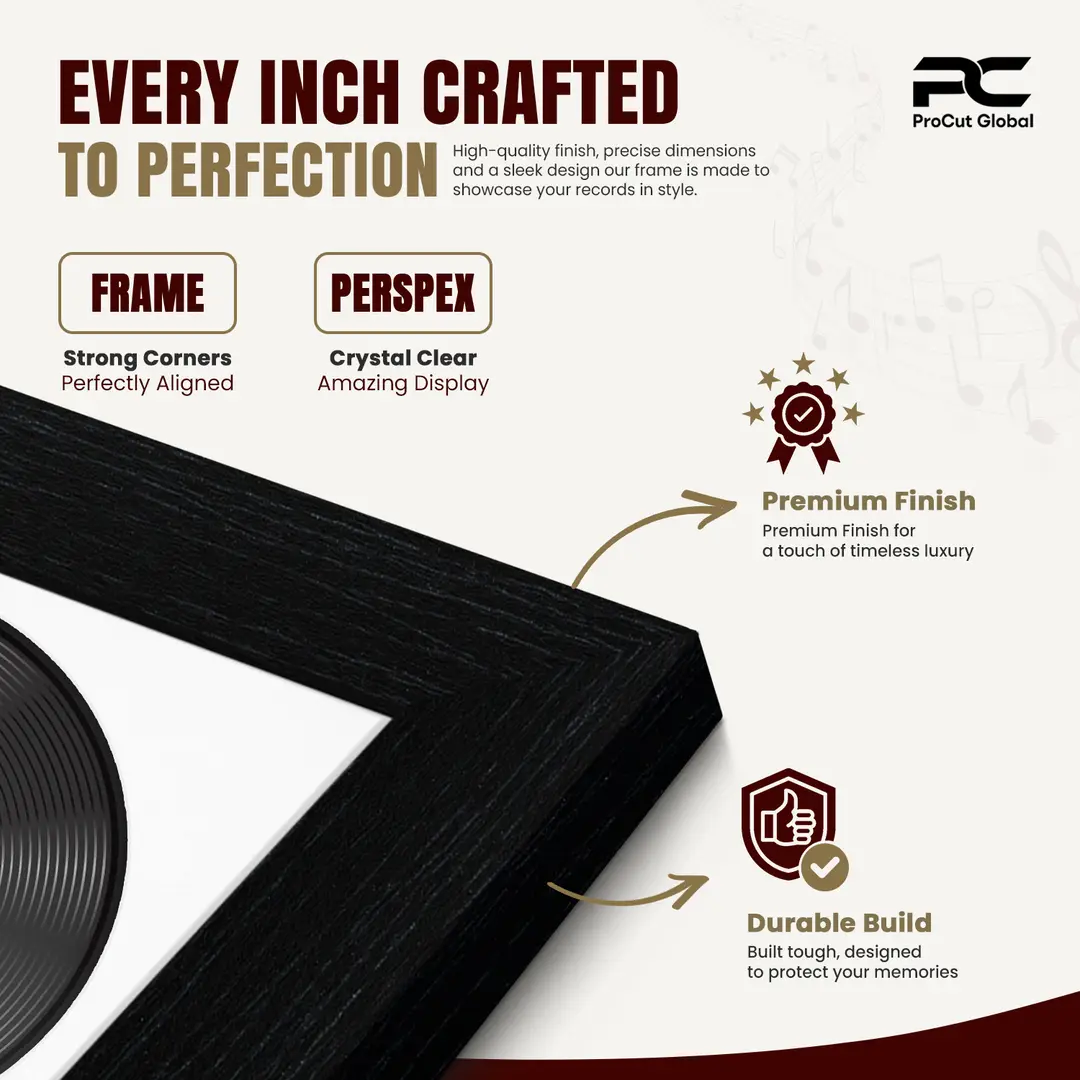30x17" Modern Black Vinyl Record Frame With Ice White Mount | Displays 12" LP Cover & Disc Side by Side thumbnail 7