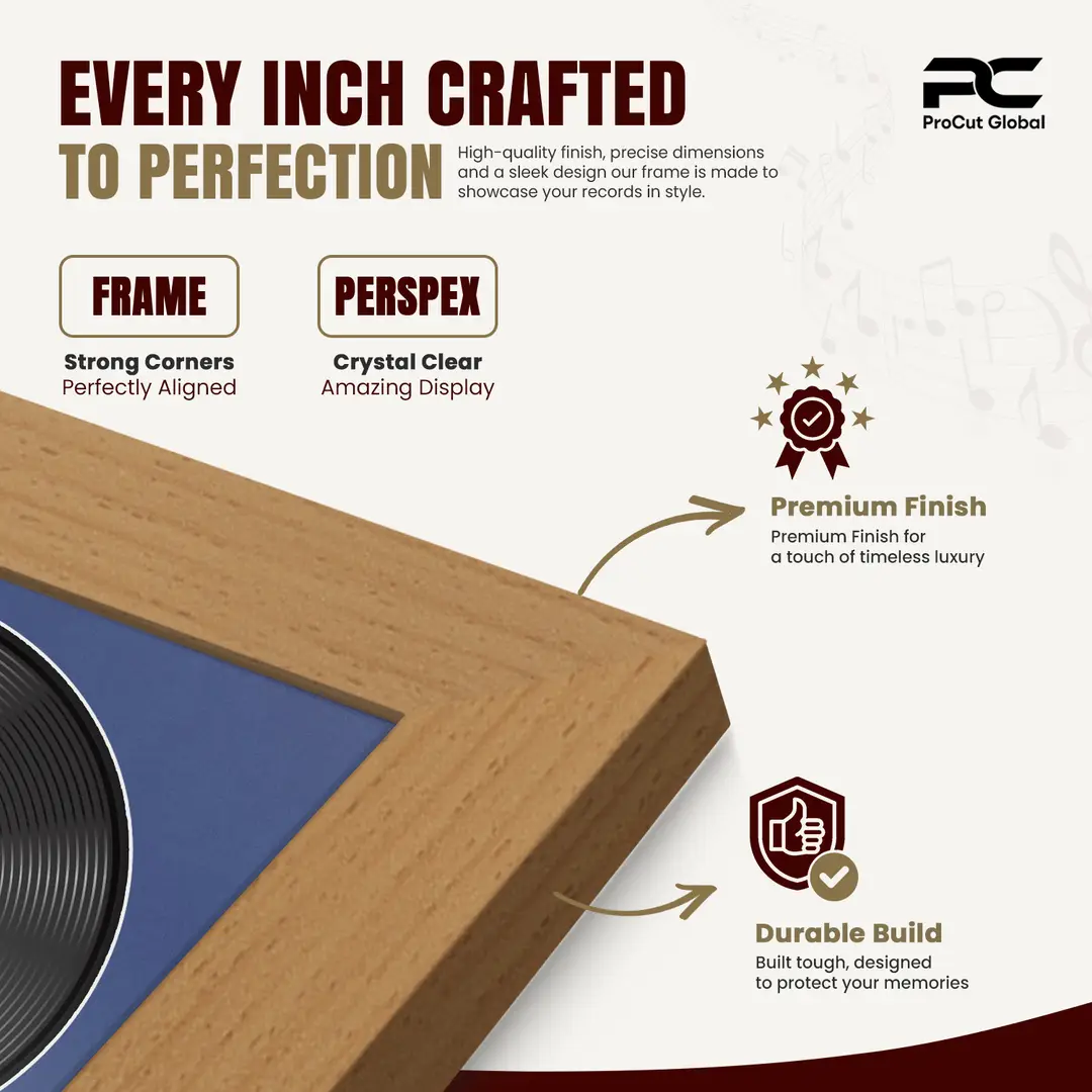 30x17" Modern Country Pine Vinyl Record Frame With Blue Mount | Displays 12" LP Cover & Disc Side by Side thumbnail 7