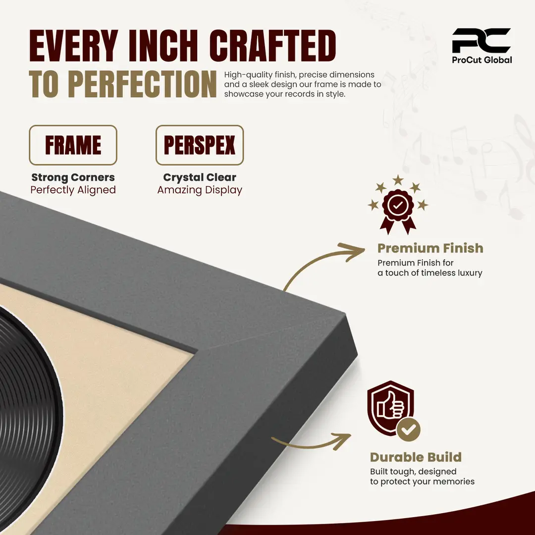 30x17" Modern Dark Grey Vinyl Record Frame With Ivory Mount | For 12" LP Cover and Disc Side By Side Display thumbnail 7