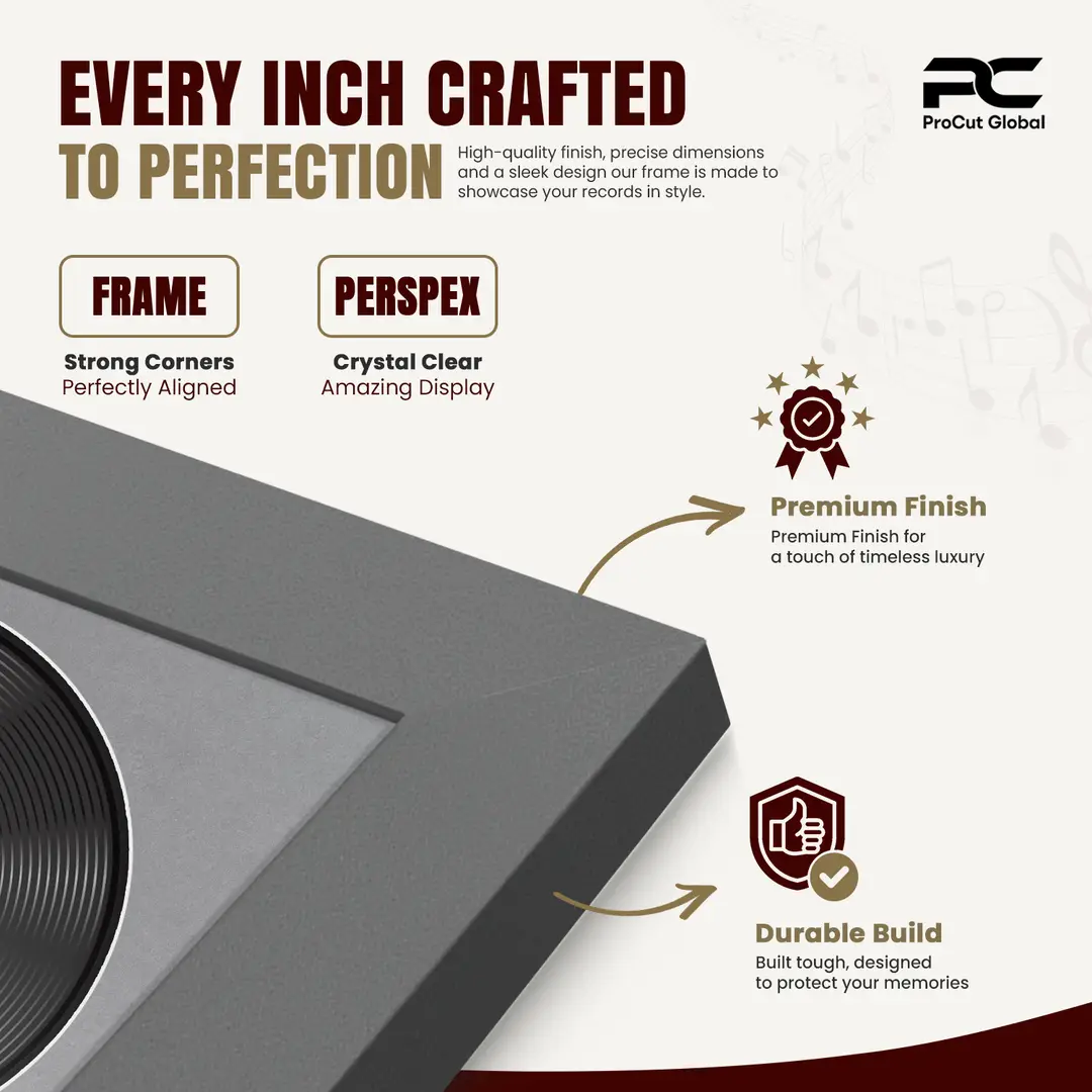 30x17" Modern Dark Grey Vinyl Record Frame With Mid Grey Mount | Displays 12" LP Cover & Disc Side by Side thumbnail 7