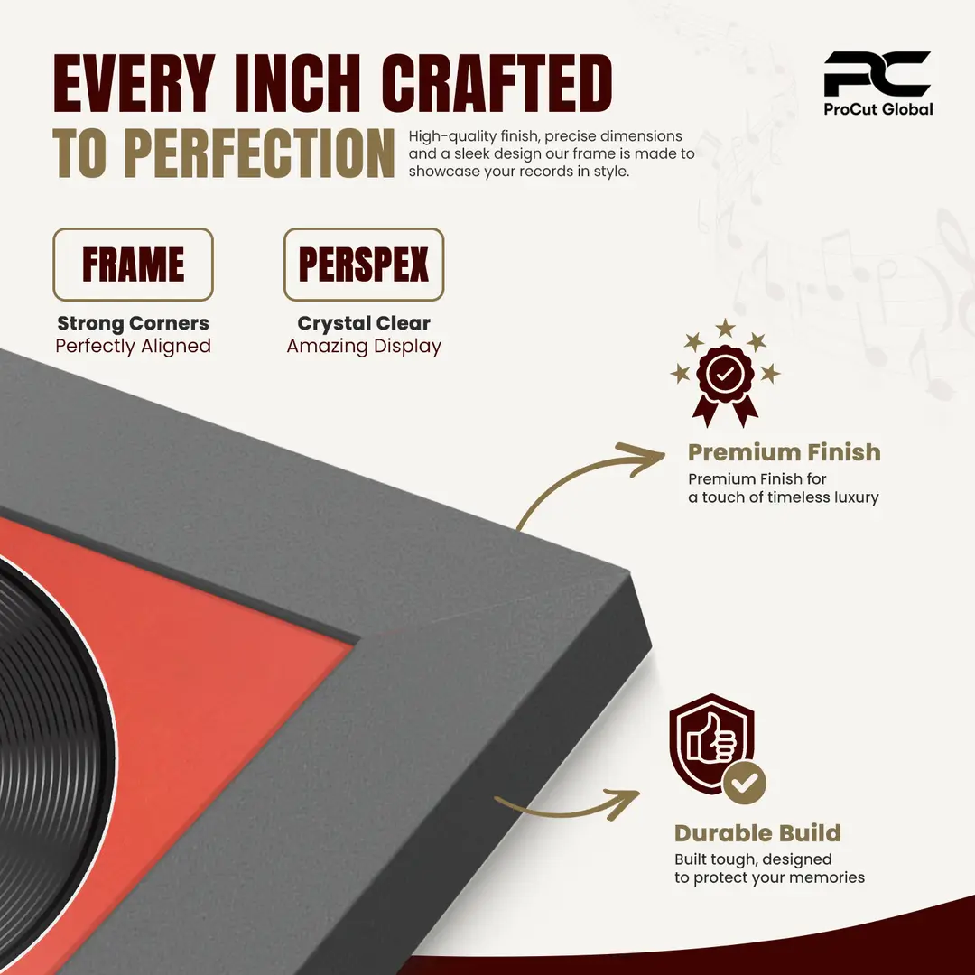 30x17" Modern Dark Grey Vinyl Record Frame With Poppy Red Mount | Displays 12" LP Cover & Disc Side by Side thumbnail 7