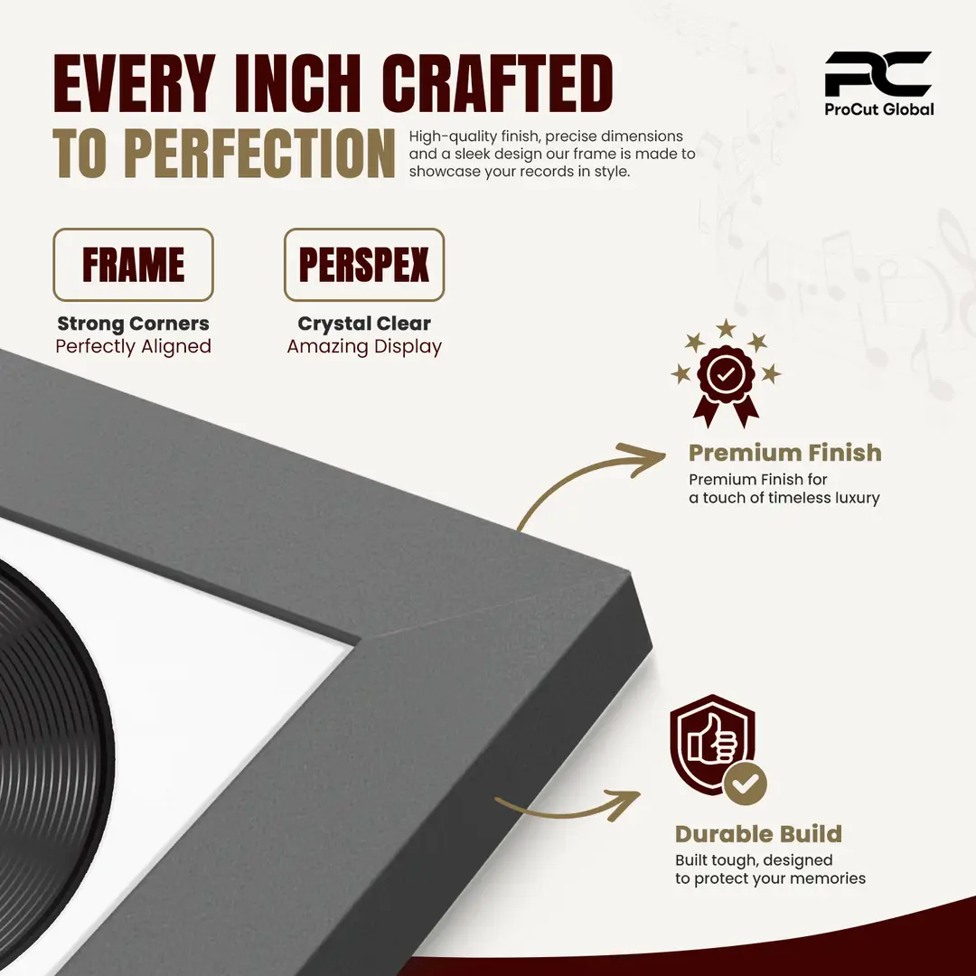 30x17" Modern Dark Grey Vinyl Record Frame With Ice White Mount | For 12" LP Cover and Disc Side By Side Display thumbnail 7