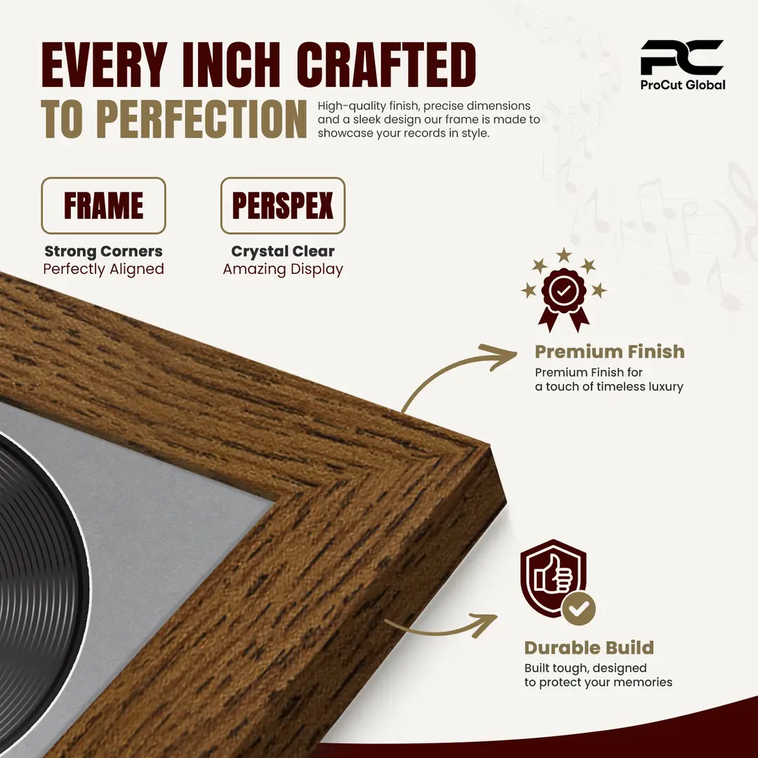 30x17" Modern Dark Oak Vinyl Record Frame With Mid Grey Mount | Displays 12" LP Cover & Disc Side by Side thumbnail 7