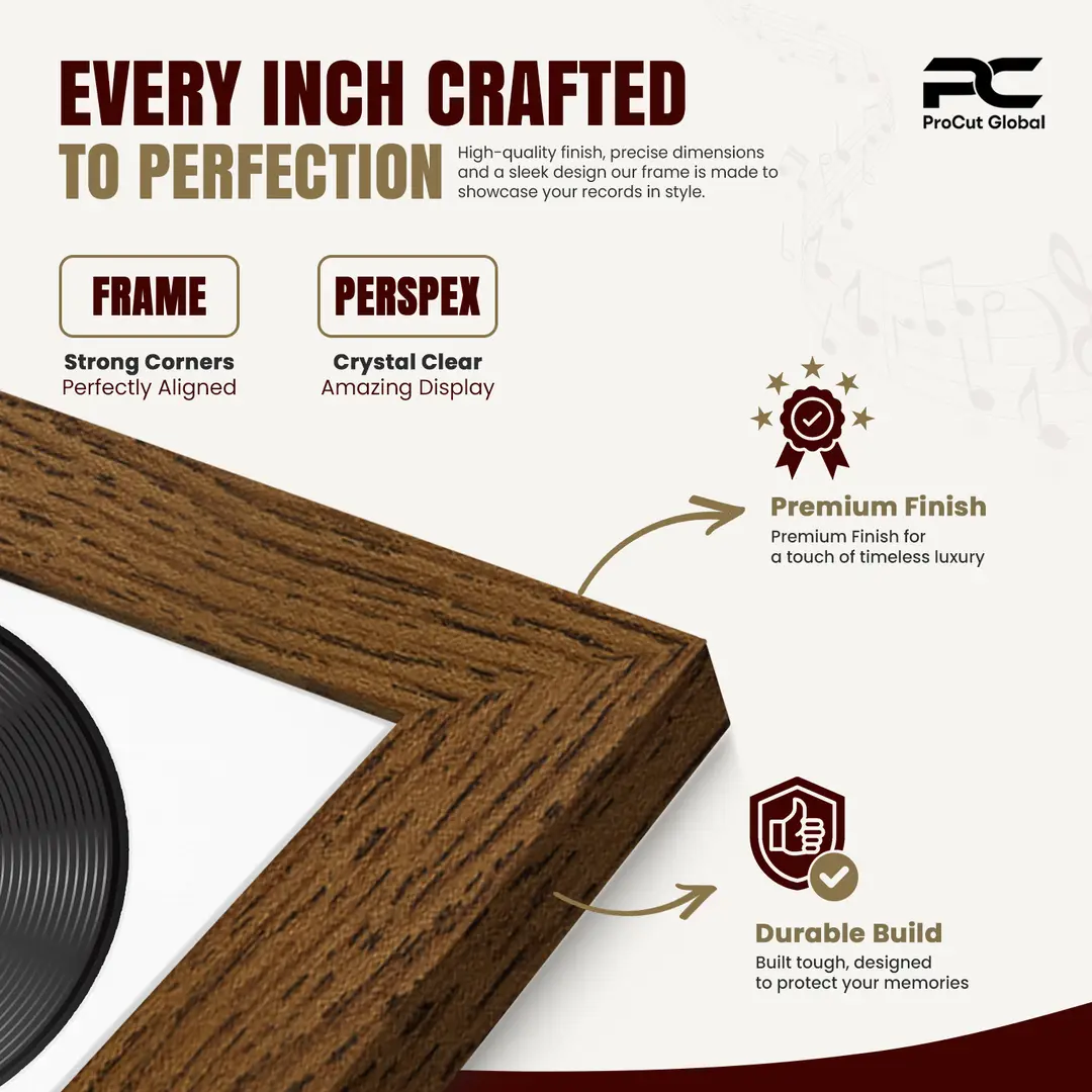 30x17" Modern Dark Oak Vinyl Record Frame With Ice White Mount | Displays 12" LP Cover & Disc Side by Side thumbnail 7