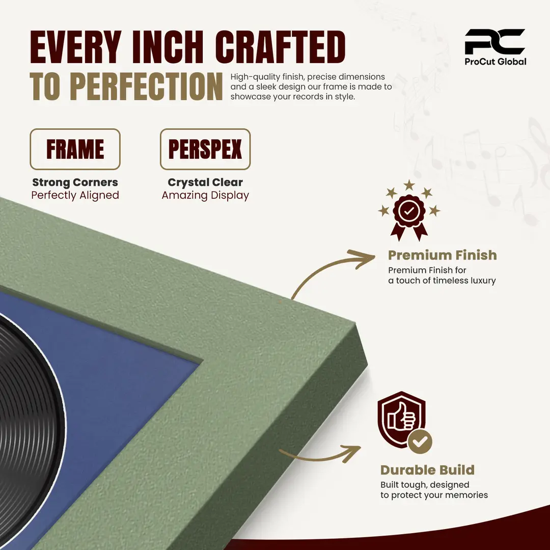 30x17" Modern Green Vinyl Record Frame With Blue Mount | For 12" LP Cover and Disc Side By Side Display thumbnail 7