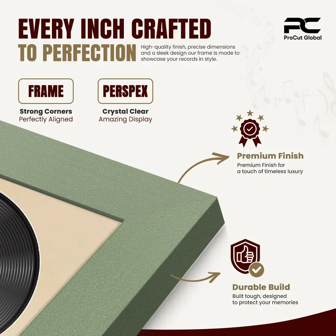 30x17" Modern Green Vinyl Record Frame With Ivory Mount | For 12" LP Cover and Disc Side By Side Display thumbnail 7