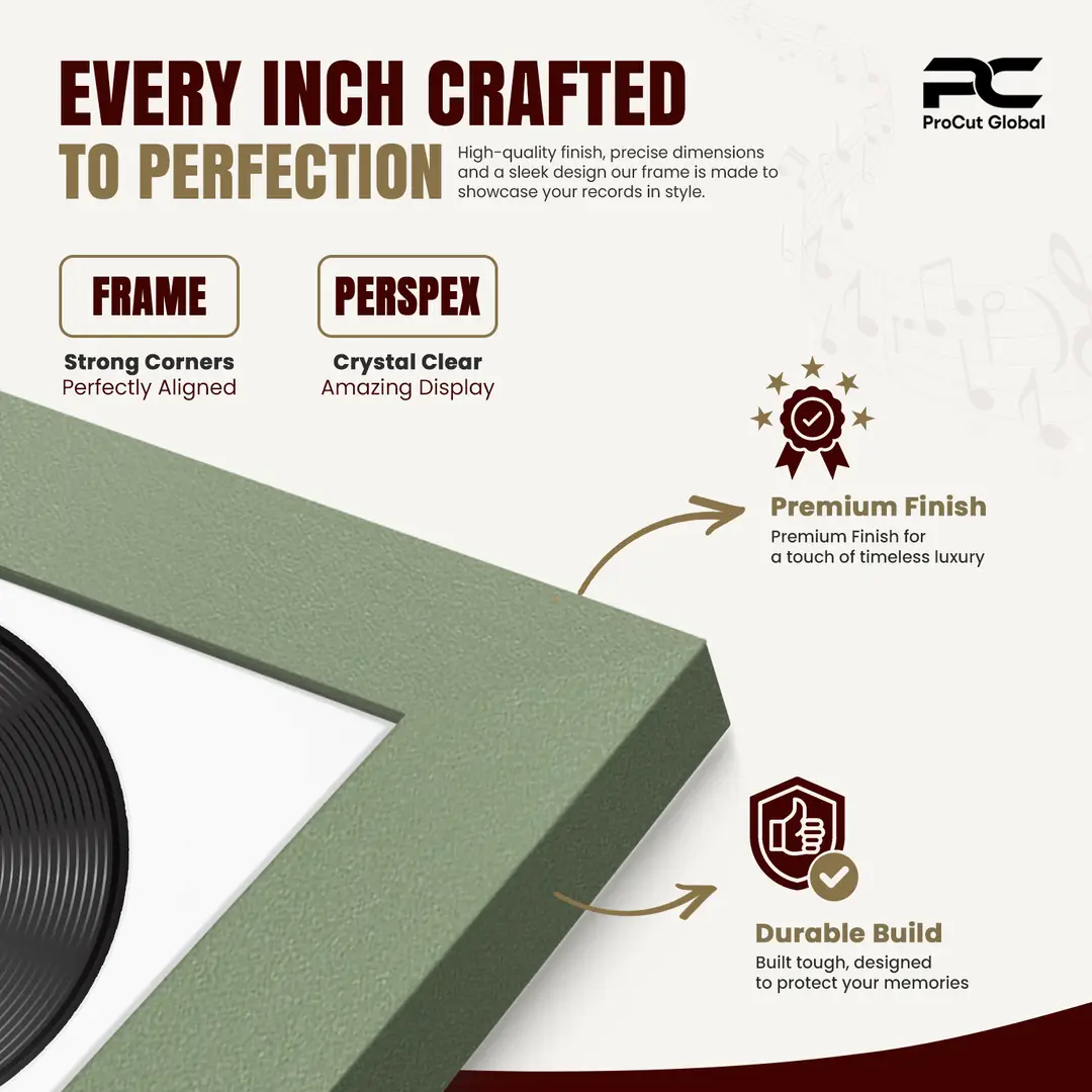 30x17" Modern Green Vinyl Record Frame With Ice White Mount | Displays 12" LP Cover & Disc Side by Side thumbnail 7