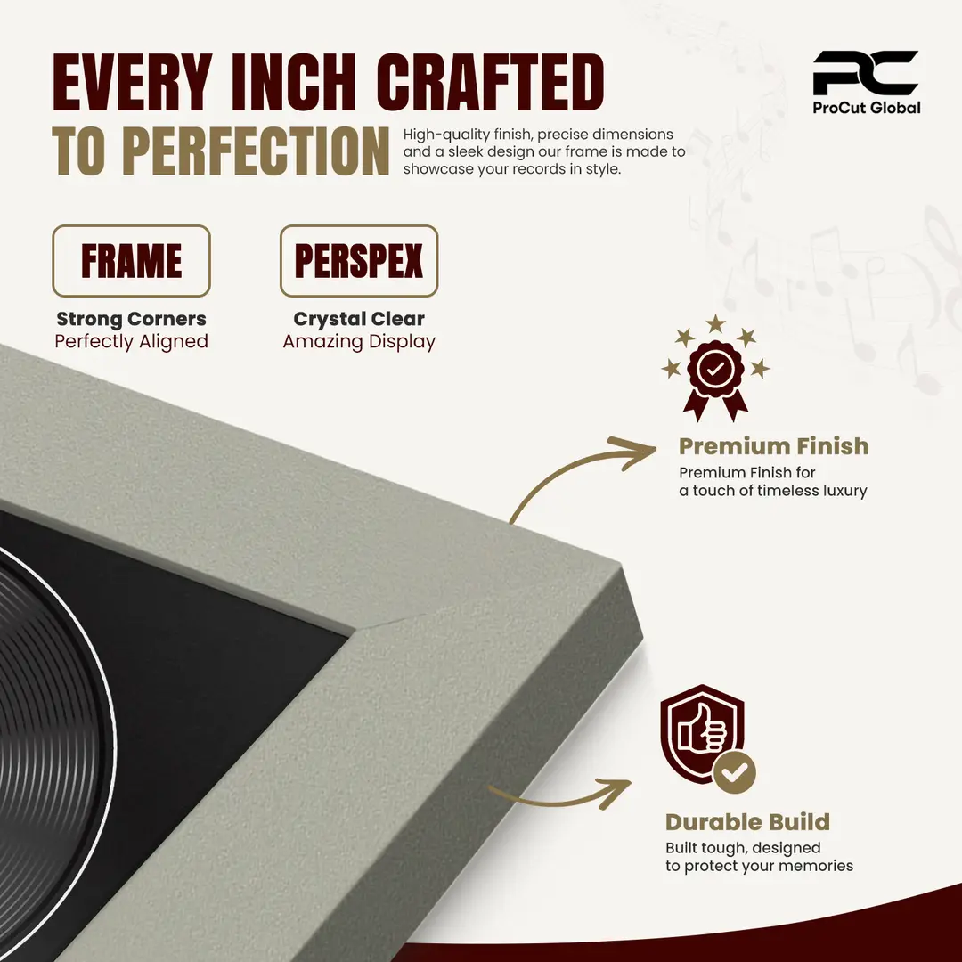 30x17" Modern Light Grey Vinyl Record Frame With Black Mount | Displays 12" LP Cover & Disc Side by Side thumbnail 7