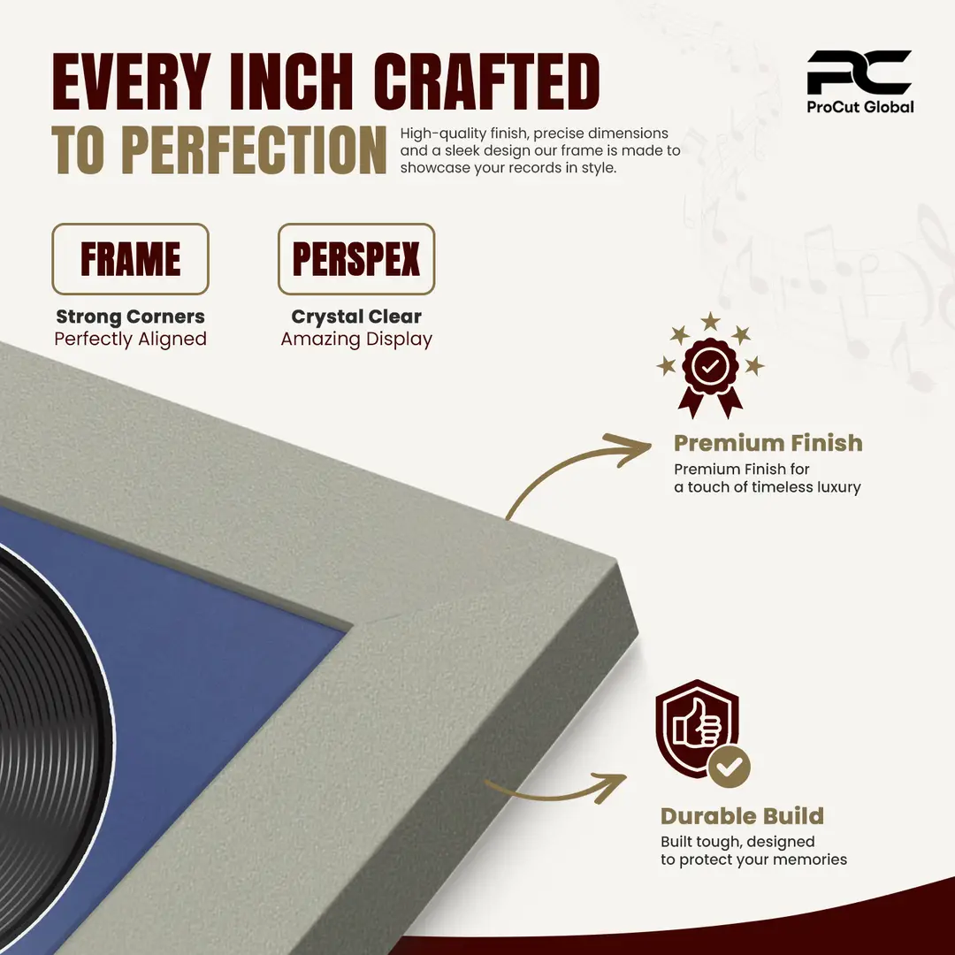 30x17" Modern Light Grey Vinyl Record Frame With Blue Mount | Side by Side 12" LP Cover & Disc Display thumbnail 7