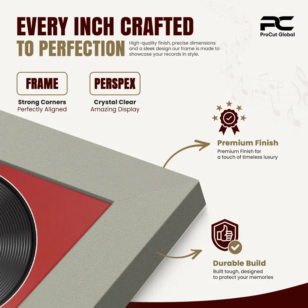 30x17" Modern Light Grey Vinyl Record Frame With Crimson Mount | Displays 12" LP Cover & Disc Side by Side thumbnail 7