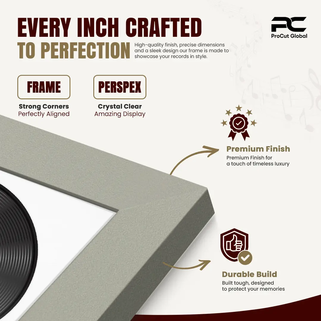 30x17" Modern Light Grey Vinyl Record Frame With Ice White Mount | For 12" LP Cover and Disc Side By Side Display thumbnail 7