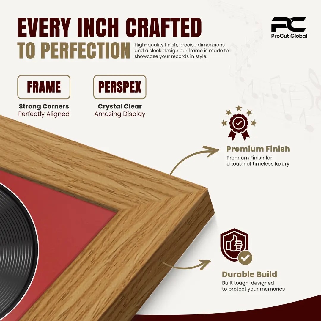 30x17" Modern Light Oak Vinyl Record Frame With Crimson Mount | Side by Side 12" LP Cover & Disc Display thumbnail 7