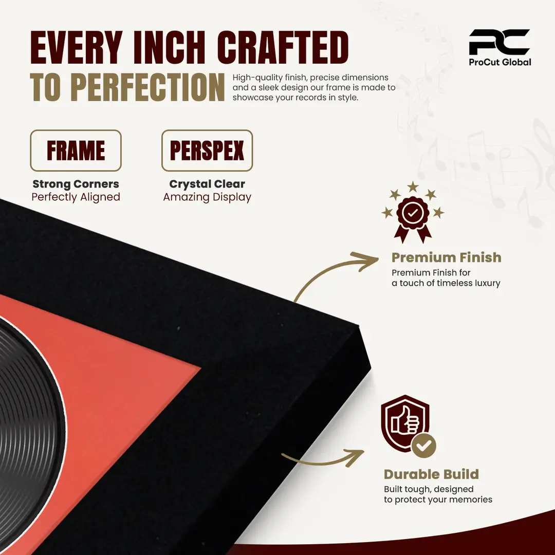 30x17" Modern Matte Black Vinyl Record Frame With Poppy Red Mount | For 12" LP Cover and Disc Side By Side Display thumbnail 7