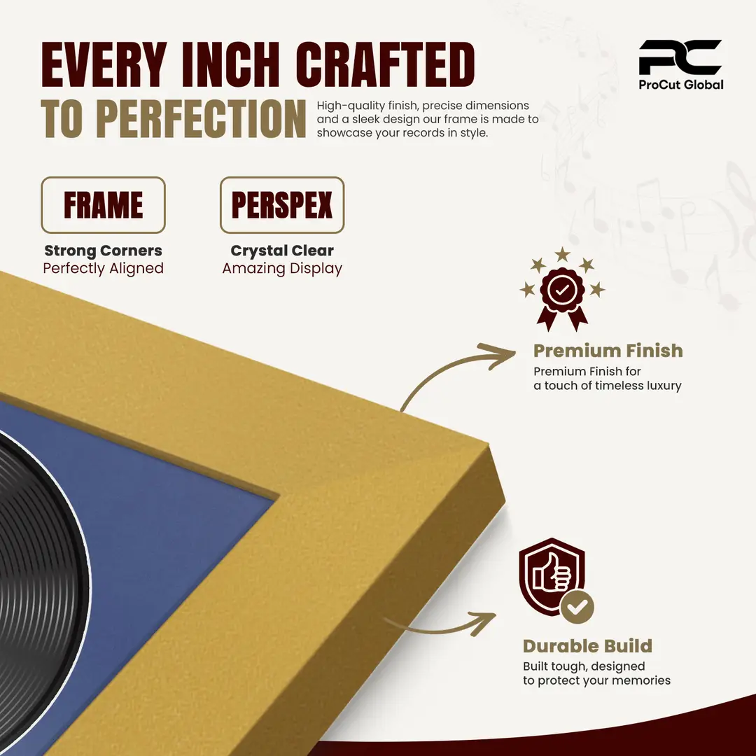 30x17" Modern Mustard Yellow Vinyl Record Frame With Blue Mount | Side by Side 12" LP Cover & Disc Display thumbnail 7