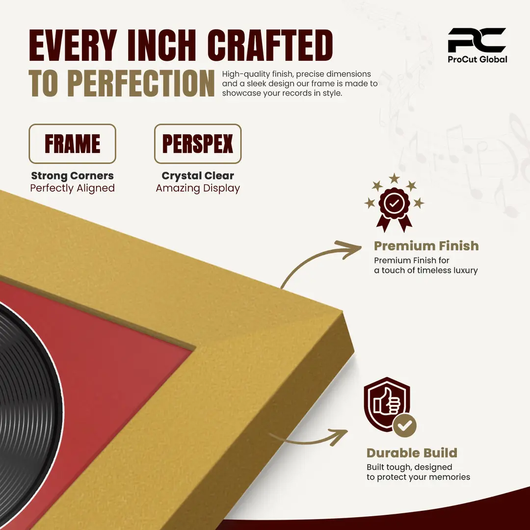 30x17" Modern Mustard Yellow Vinyl Record Frame With Crimson Mount | For 12" LP Cover and Disc Side By Side Display thumbnail 7