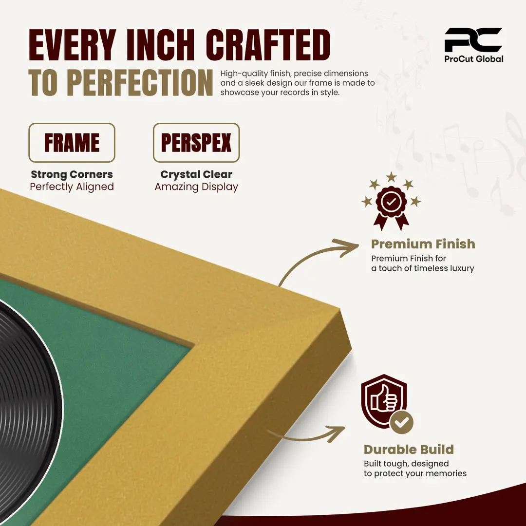 30x17" Modern Mustard Yellow Vinyl Record Frame With Emerald (Green) Mount | For 12" LP Cover and Disc Side By Side Display thumbnail 7