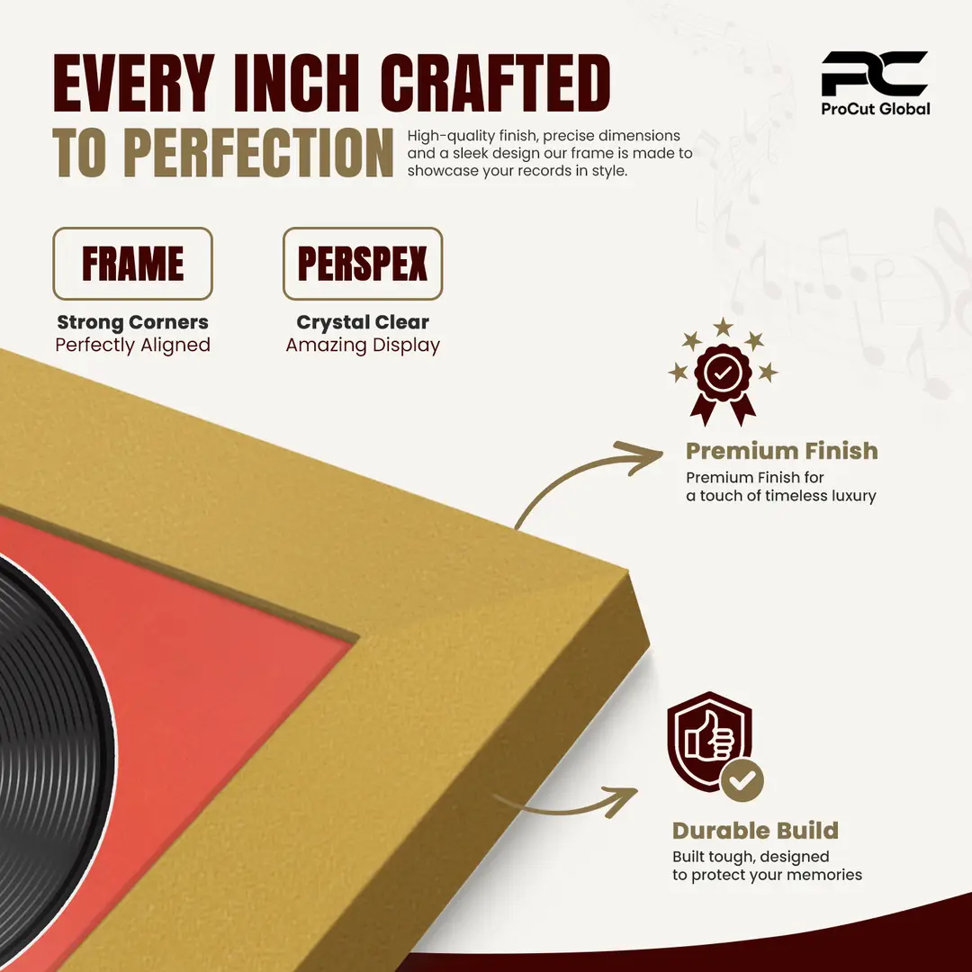 30x17" Modern Mustard Yellow Vinyl Record Frame With Poppy Red Mount | Displays 12" LP Cover & Disc Side by Side thumbnail 7