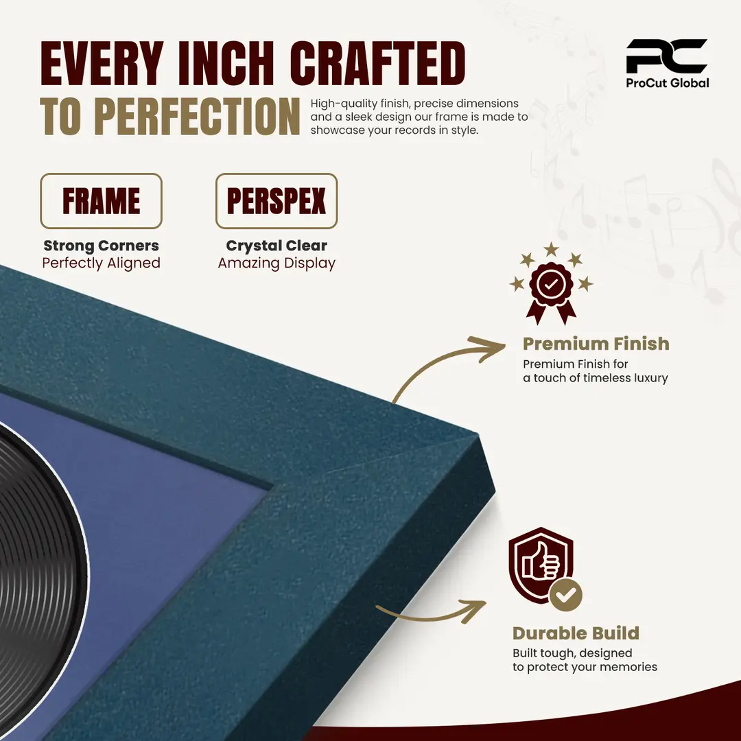 30x17" Modern Navy Blue Vinyl Record Frame With Blue Mount | Side by Side 12" LP Cover & Disc Display thumbnail 7