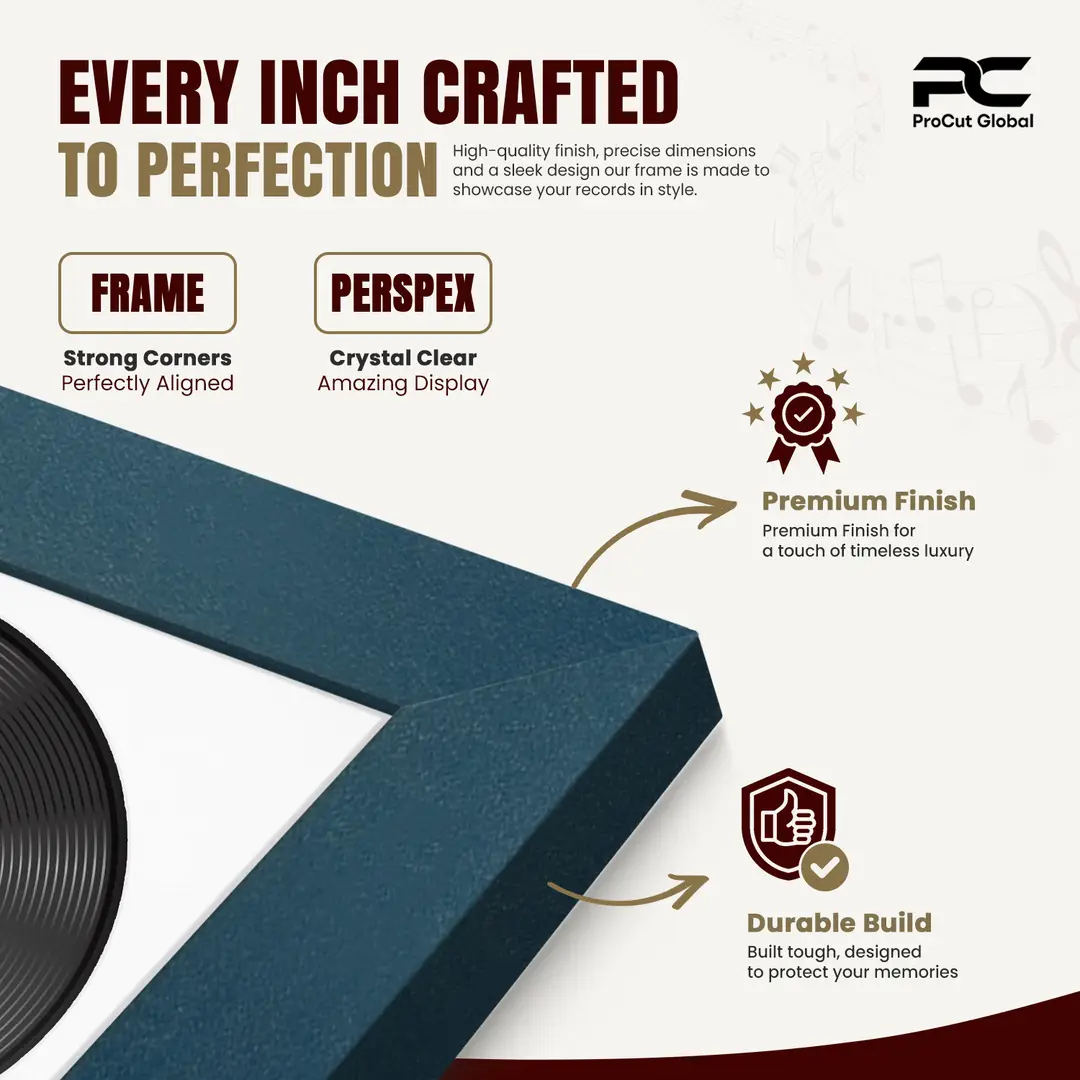 30x17" Modern Navy Blue Vinyl Record Frame With Ice White Mount | For 12" LP Cover and Disc Side By Side Display thumbnail 7