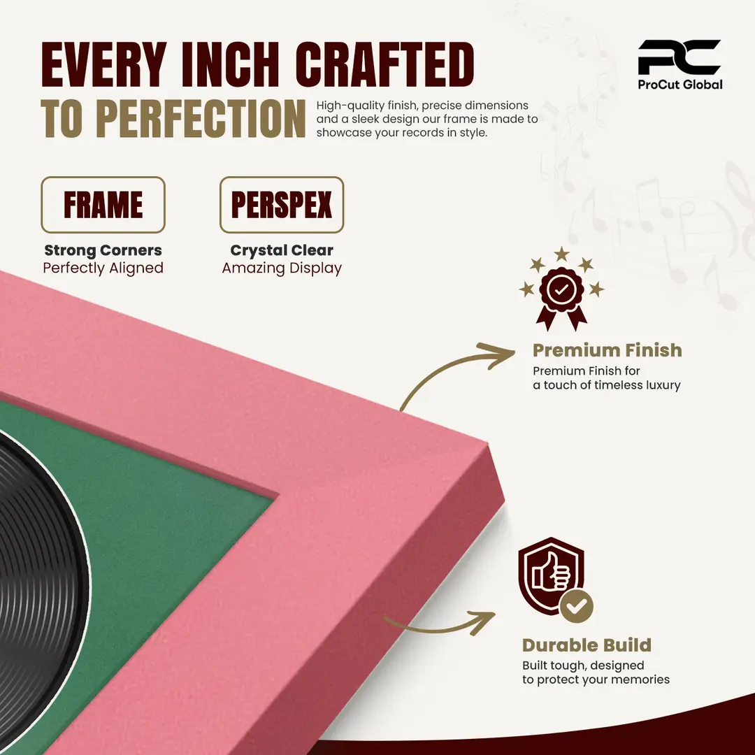 30x17" Modern Pastel Pink Vinyl Record Frame With Emerald (Green) Mount | Side by Side 12" LP Cover & Disc Display thumbnail 7