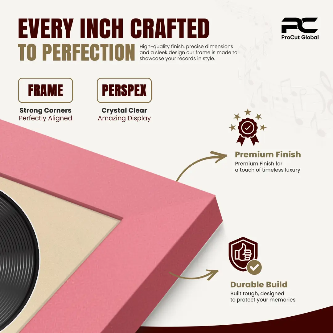 30x17" Modern Pastel Pink Vinyl Record Frame With Ivory Mount | Side by Side 12" LP Cover & Disc Display thumbnail 7
