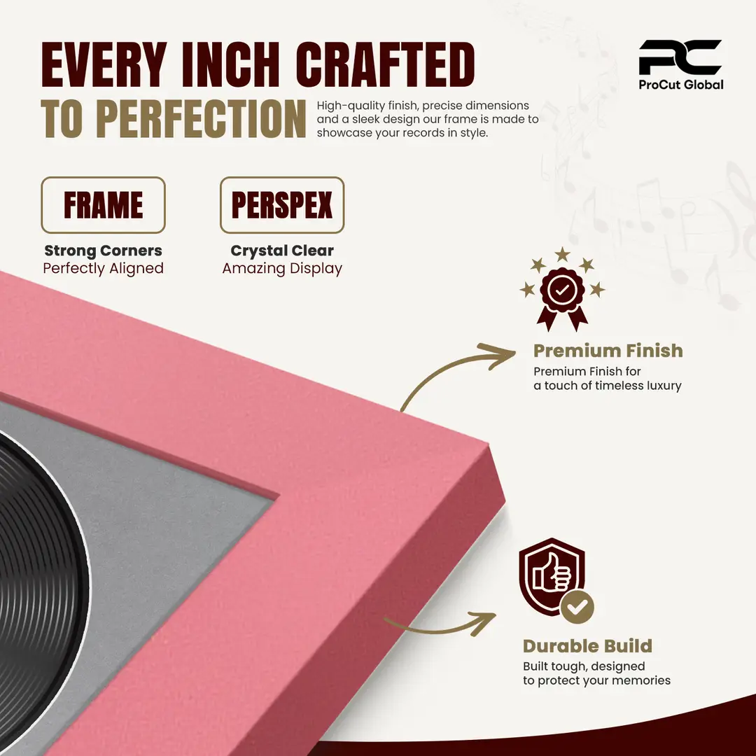 30x17" Modern Pastel Pink Vinyl Record Frame With Mid Grey Mount | Displays 12" LP Cover & Disc Side by Side thumbnail 7