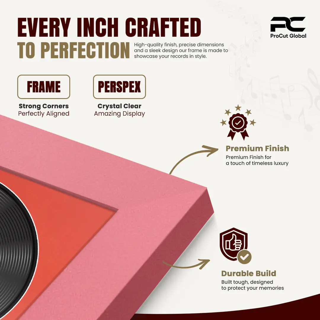 30x17" Modern Pastel Pink Vinyl Record Frame With Poppy Red Mount | Displays 12" LP Cover & Disc Side by Side thumbnail 7