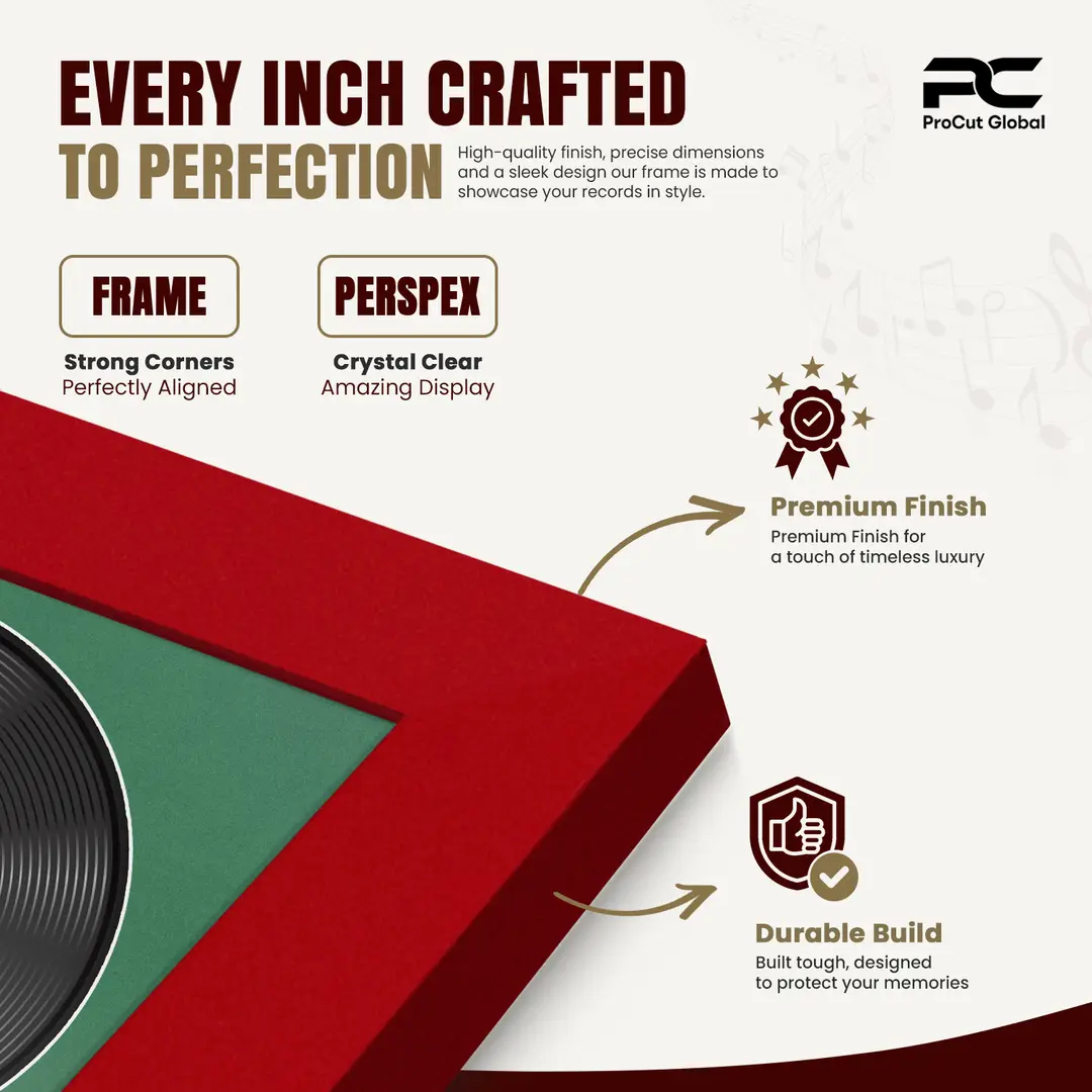 30x17" Modern Red Vinyl Record Frame With Emerald (Green) Mount | Side by Side 12" LP Cover & Disc Display thumbnail 7