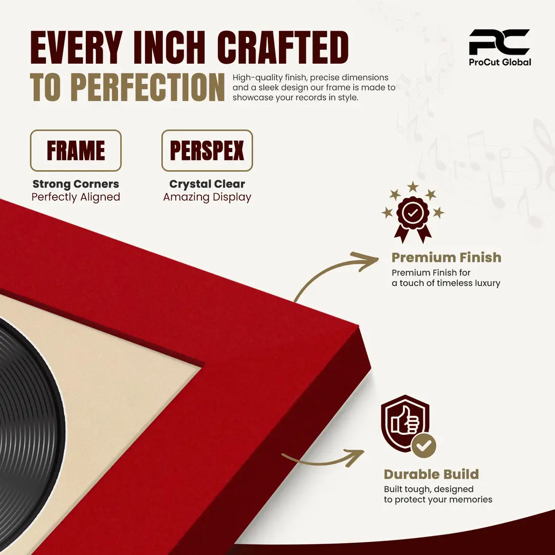 30x17" Modern Red Vinyl Record Frame With Ivory Mount | Side by Side 12" LP Cover & Disc Display thumbnail 7