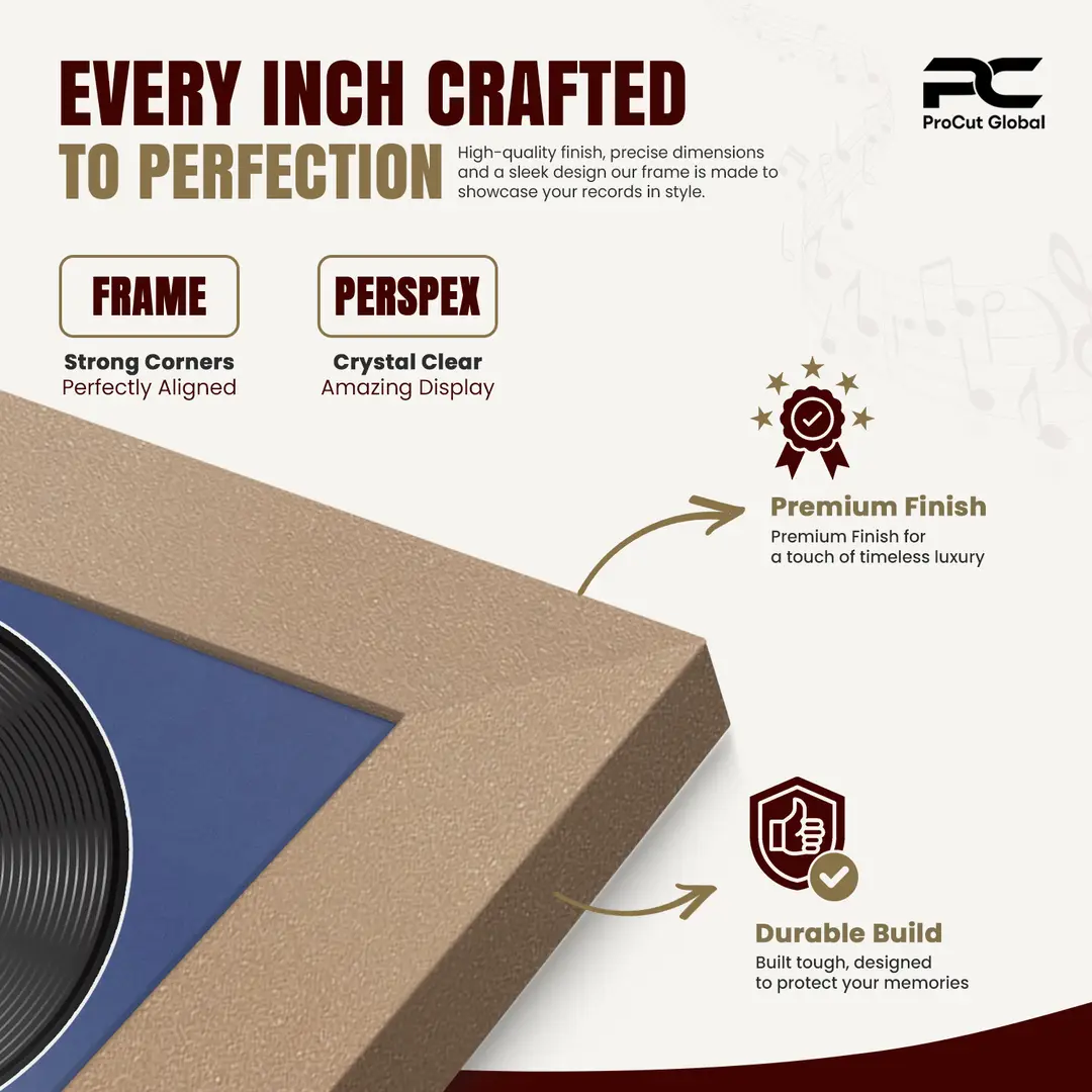 30x17" Modern Rose Gold Vinyl Record Frame With Blue Mount | Displays 12" LP Cover & Disc Side by Side thumbnail 7