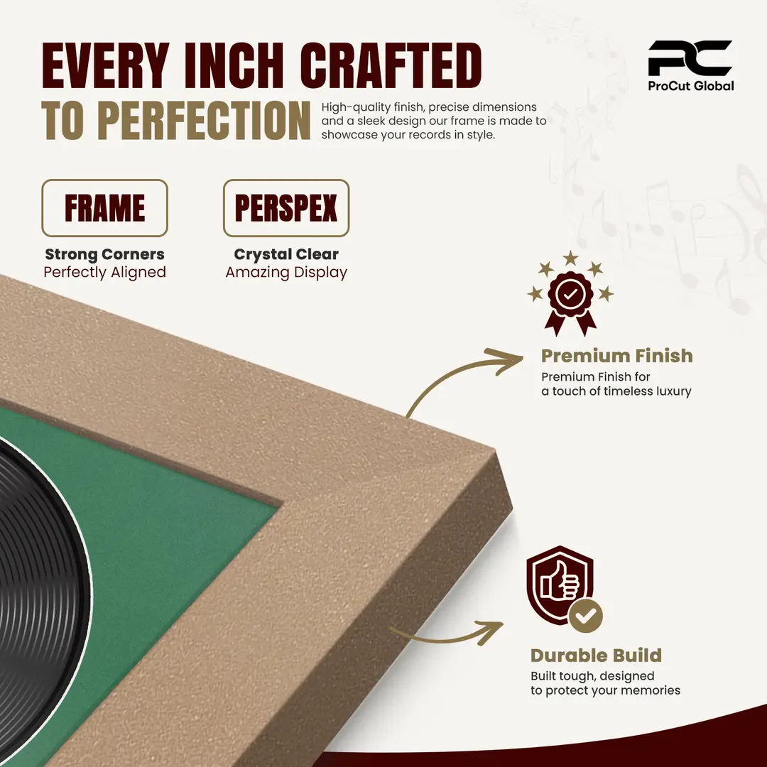 30x17" Modern Rose Gold Vinyl Record Frame With Emerald (Green) Mount | Displays 12" LP Cover & Disc Side by Side thumbnail 7
