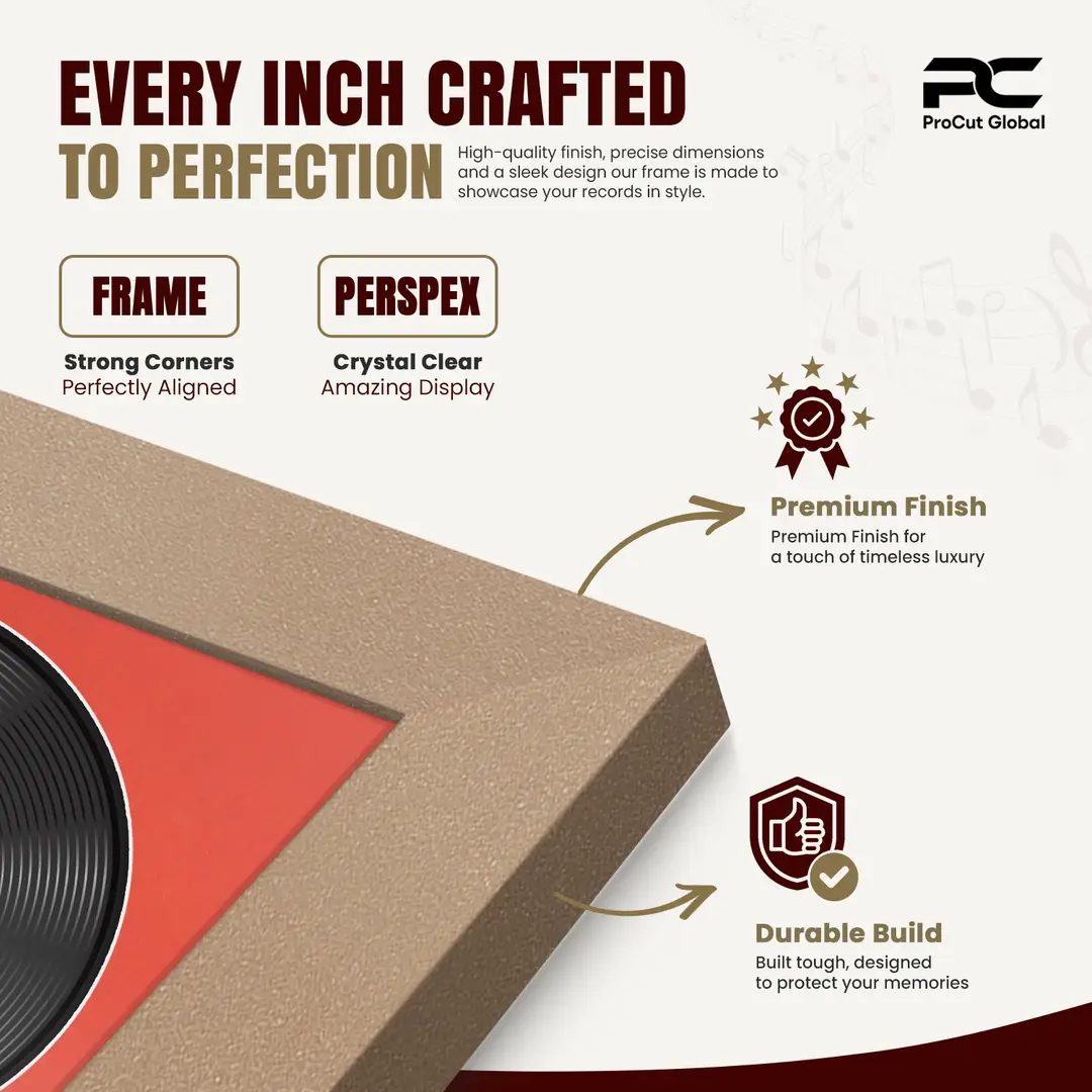 30x17" Modern Rose Gold Vinyl Record Frame With Poppy Red Mount | Side by Side 12" LP Cover & Disc Display thumbnail 7