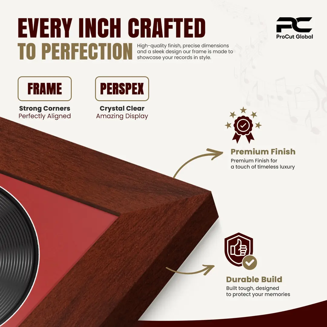 30x17" Modern Rose Wood Vinyl Record Frame With Crimson Mount | Side by Side 12" LP Cover & Disc Display thumbnail 7