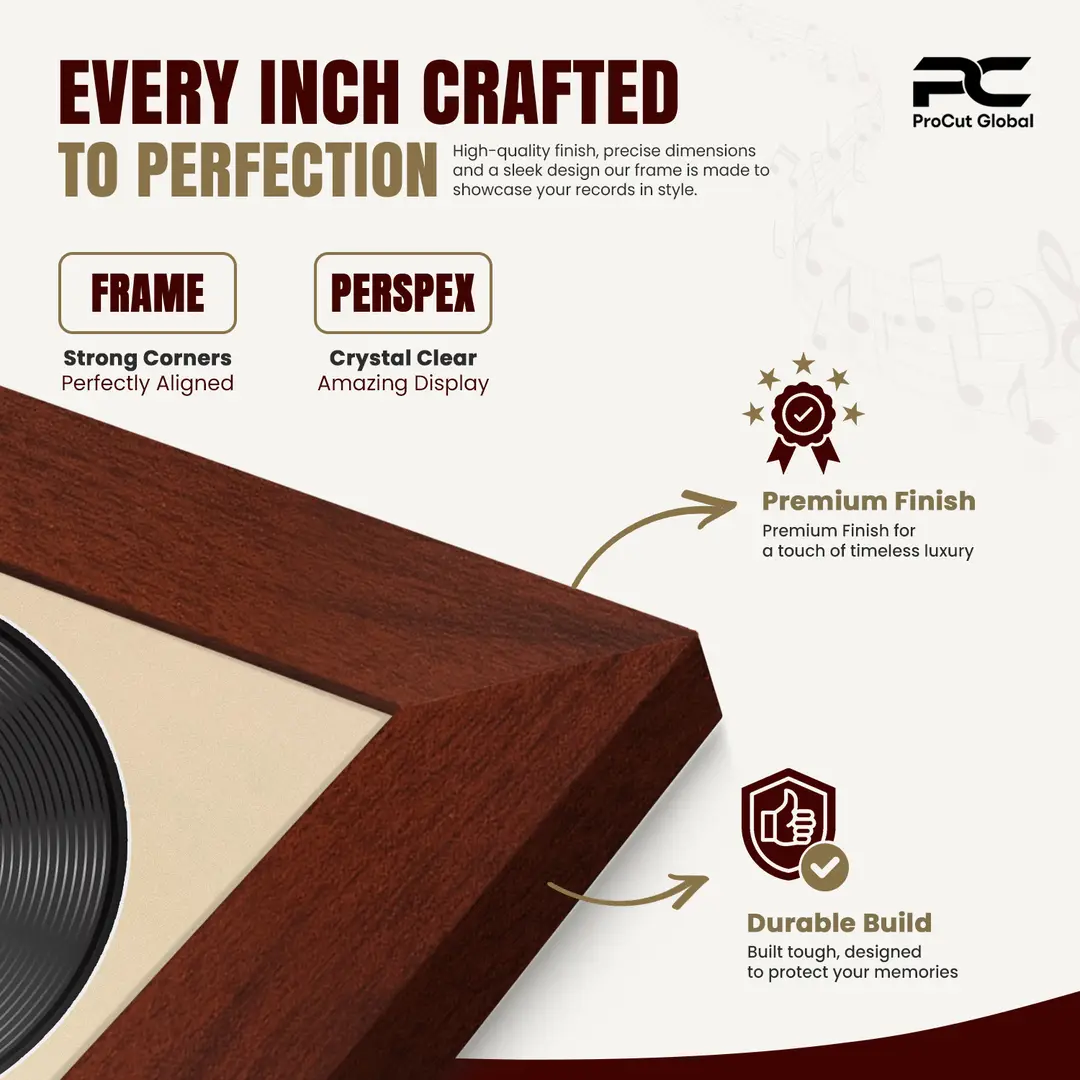 30x17" Modern Rose Wood Vinyl Record Frame With Ivory Mount | For 12" LP Cover and Disc Side By Side Display thumbnail 7